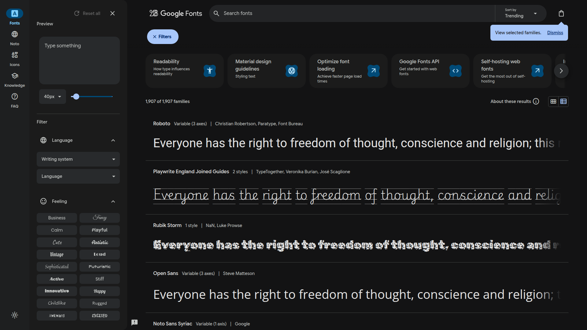 Google Fonts screenshot