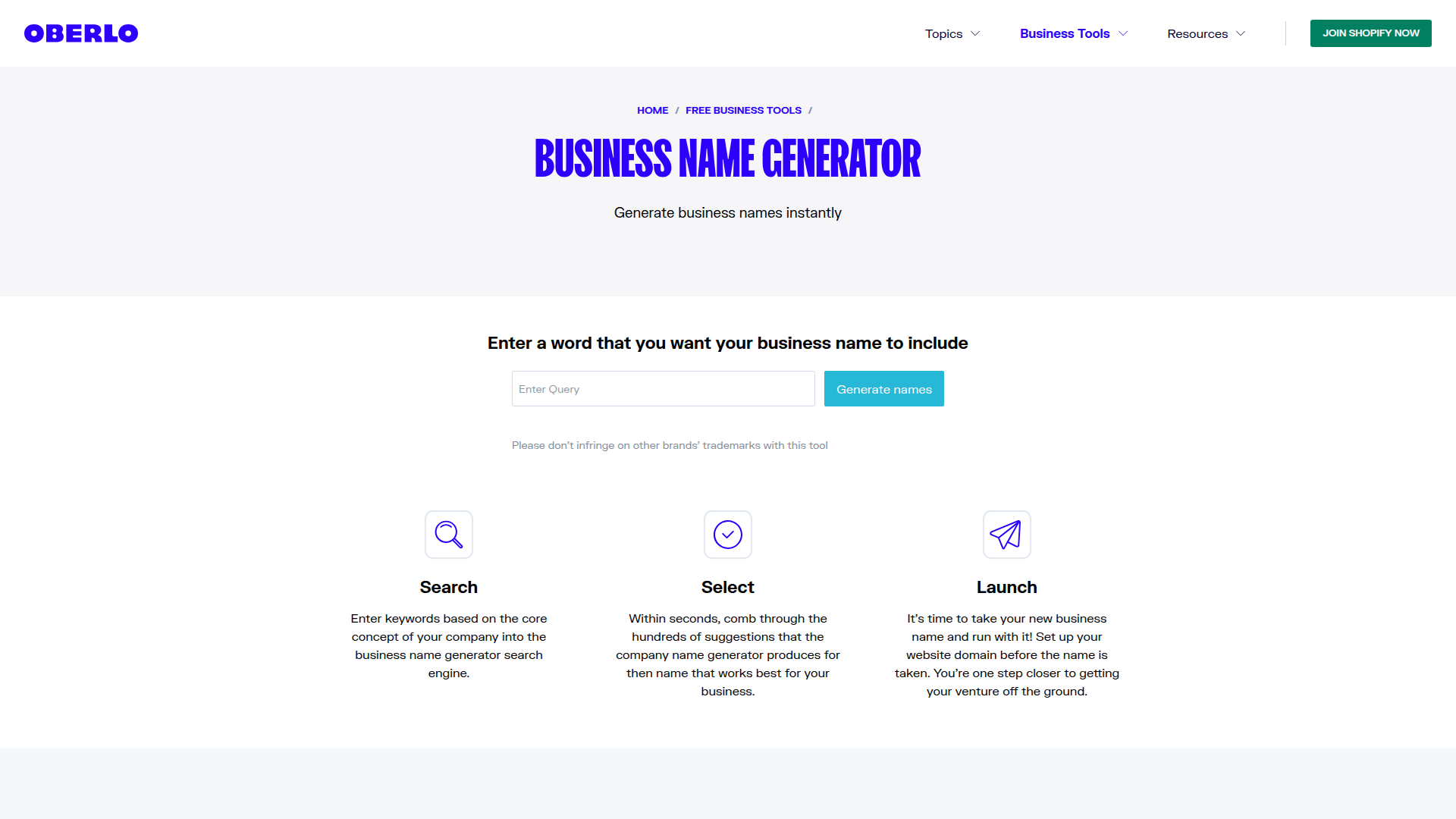 Oberlo Business Name Generator screenshot